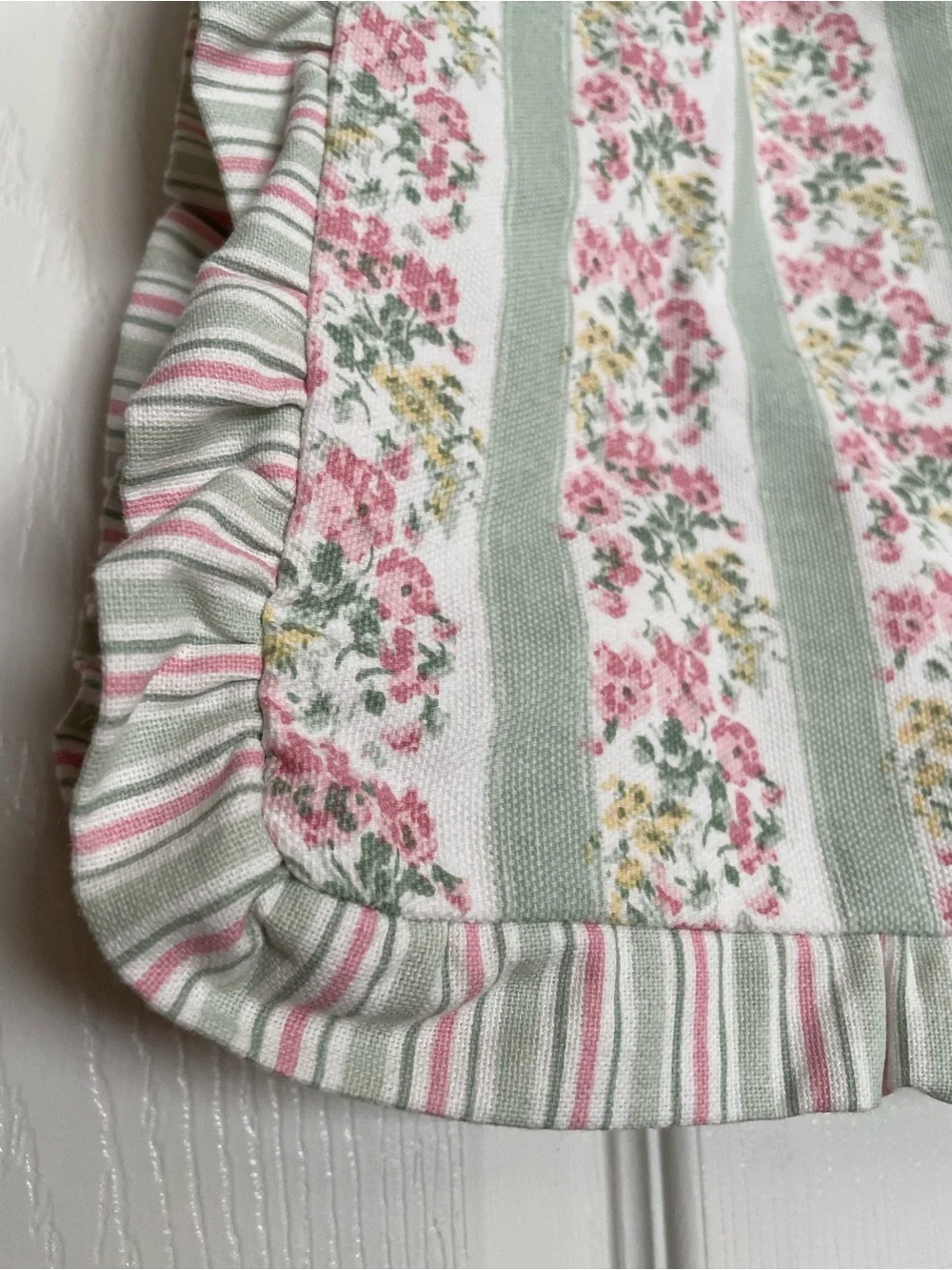 NWT Laura Ashley Mayhill Green Pink Floral w Sage Stripes Canvas Ruffle Tote Bag